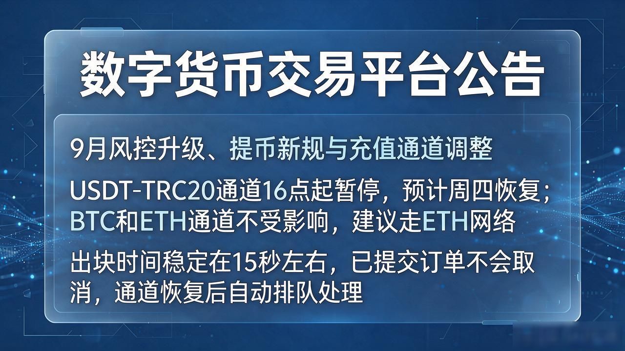 大额交易人工审核门槛调整_USDT提币通道暂停恢复时间_数字货币交易平台公告